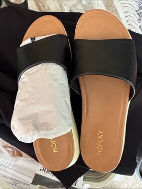 Hofeny Women's Black Slide Sandals with Tan Footbed